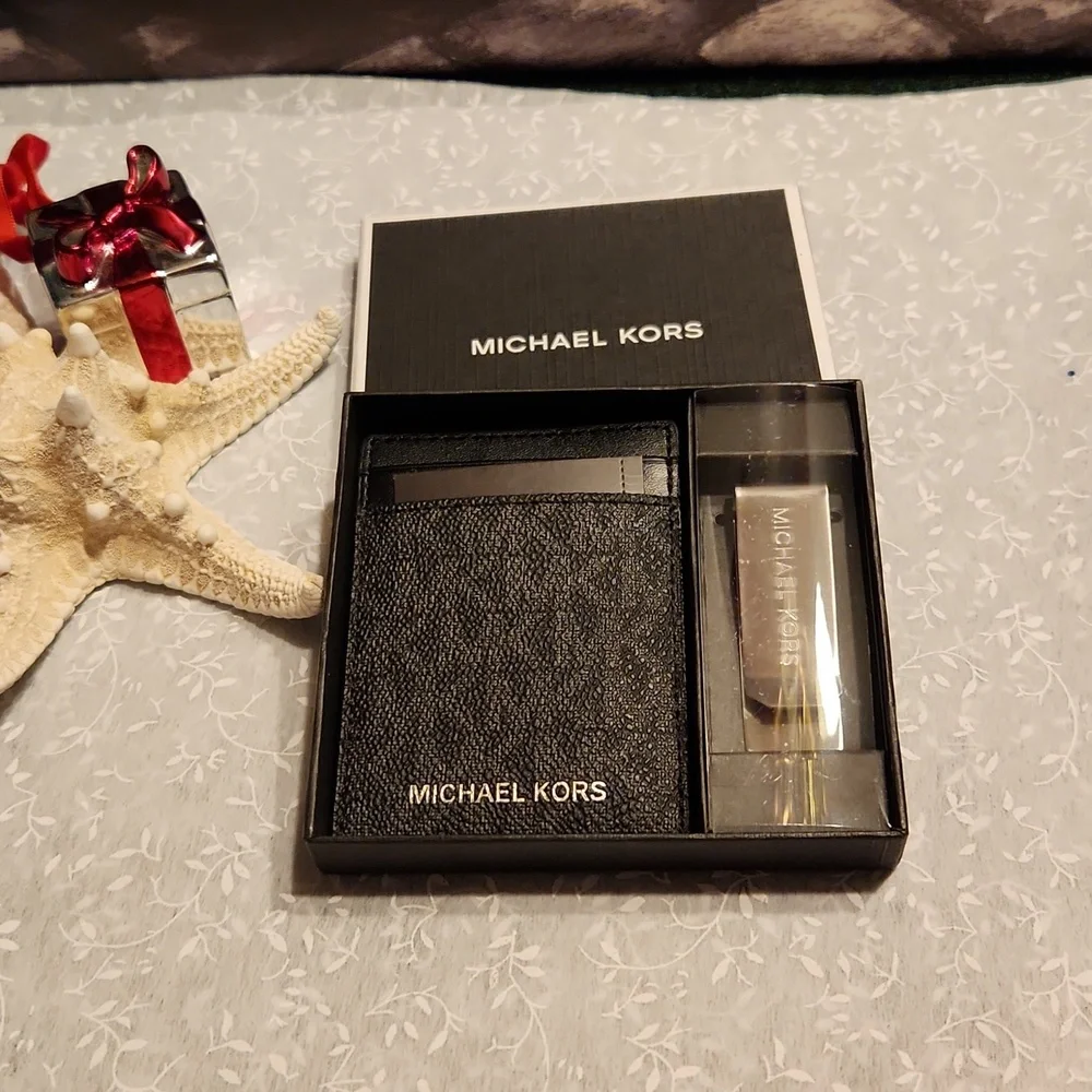 Men's Black Michael Kors Card Holder& Money Clip In Box